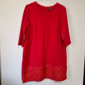 Taylor Woman Red Shift Dress 24W Plus Size 3/4 Sleeve Lace Hem Ponte Knit